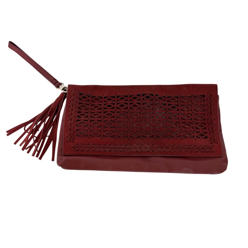 WHBM Red Boho Tassel Laser Cut Suede / Leather Clutch Wristlet Western Tassel - Picture 1 of 9